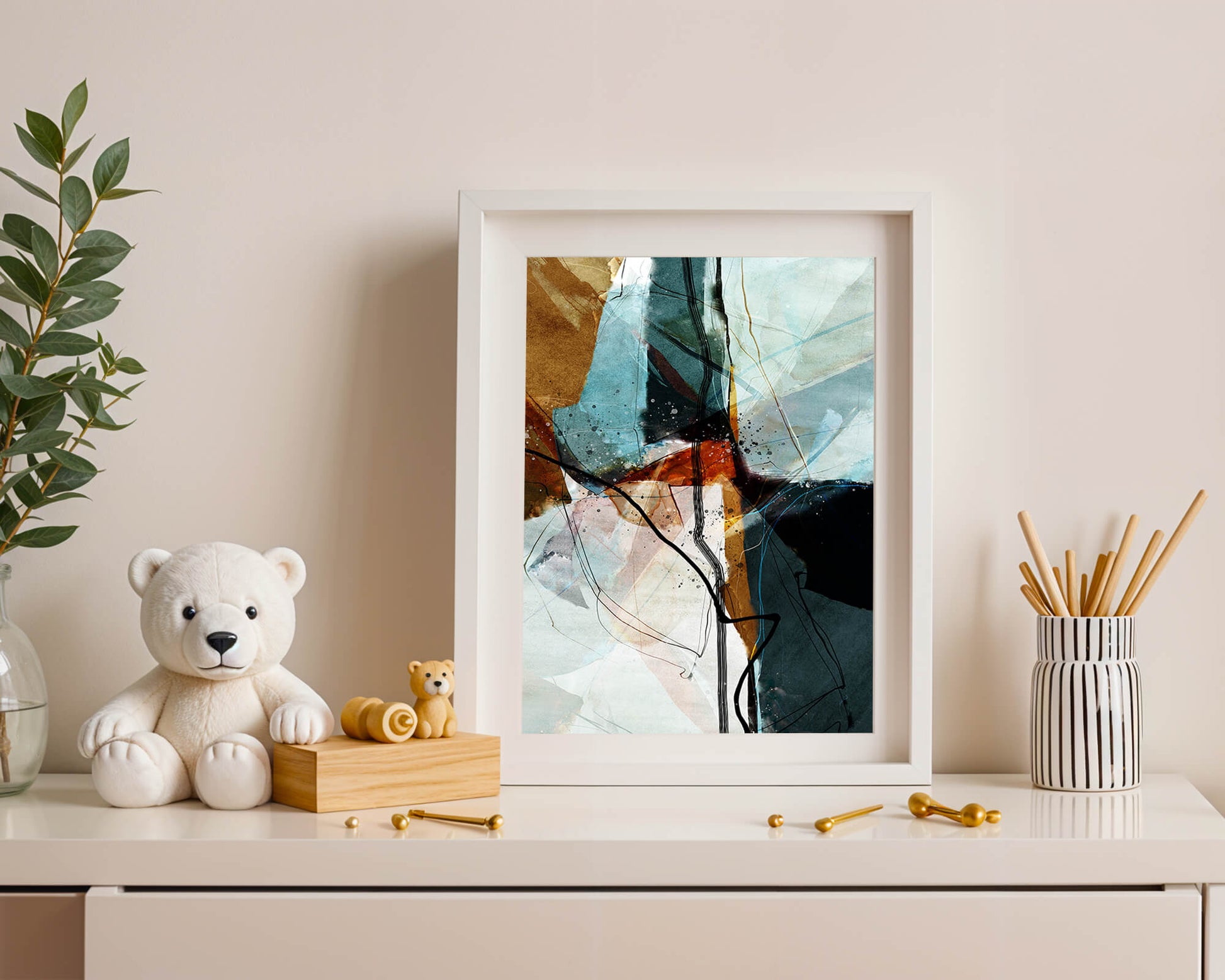 Abstract watercolor artwork with dynamic lines and colors