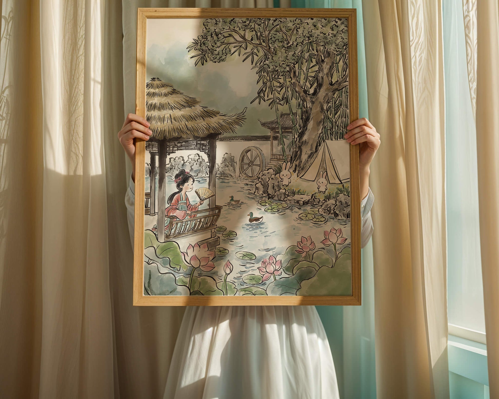 Escena tranquila de jardín con mujer, patos y conejos en un entorno tradicional