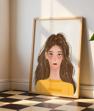 Illustrated portrait of a woman with long brown hair and expressive eyes