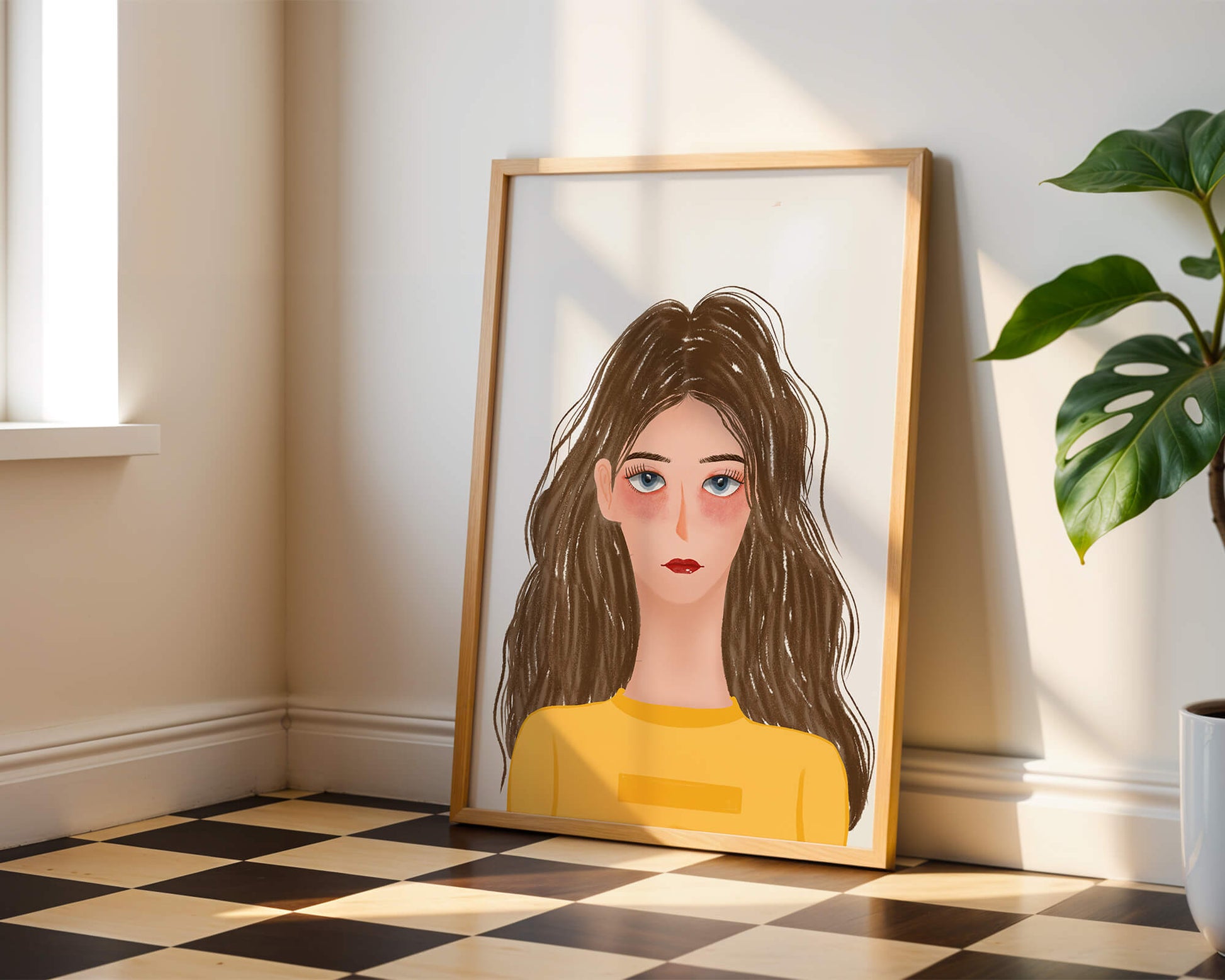 Illustrated portrait of a woman with long brown hair and expressive eyes