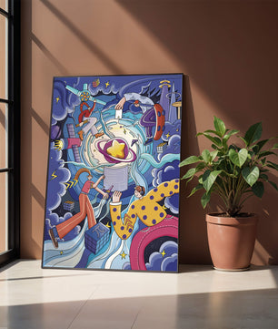 Exploration cosmique colorée avec personnages animés et formes géométriques
