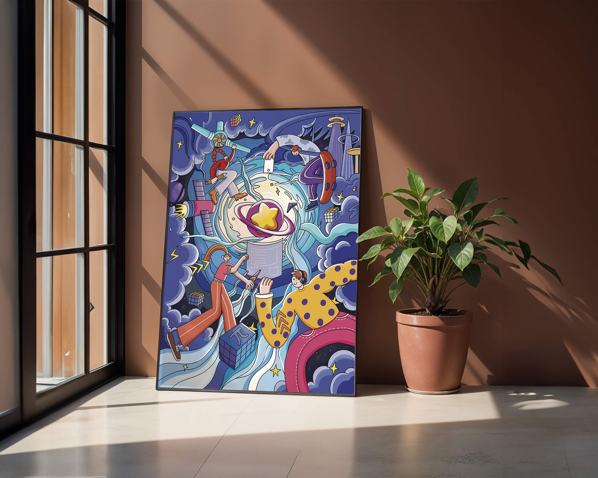 Colorful Cosmic Exploration with Animated Characters and Geometric Shapes