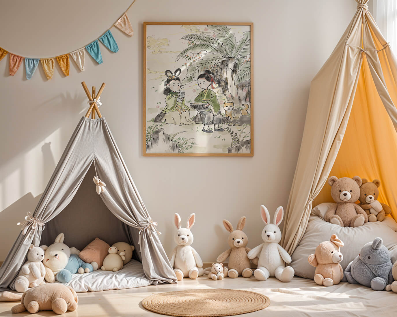 Arte asiático tradicional con dos personas y perros bajo un árbol