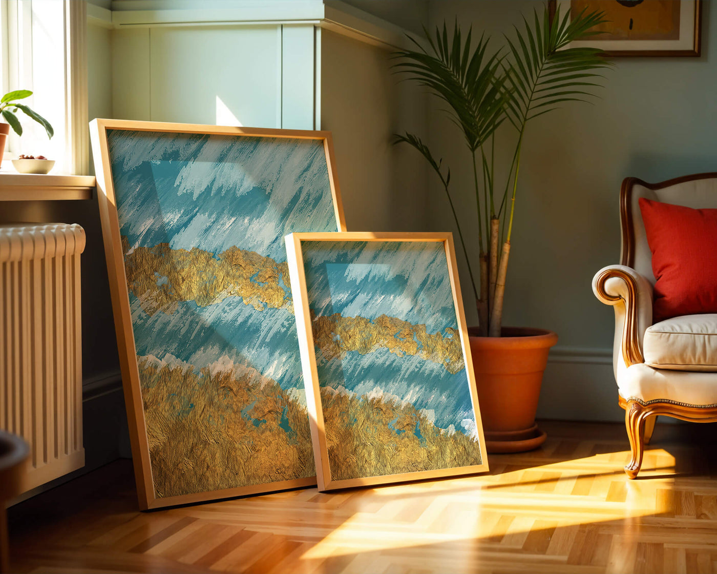 Abstract painting with gold texture and blue background