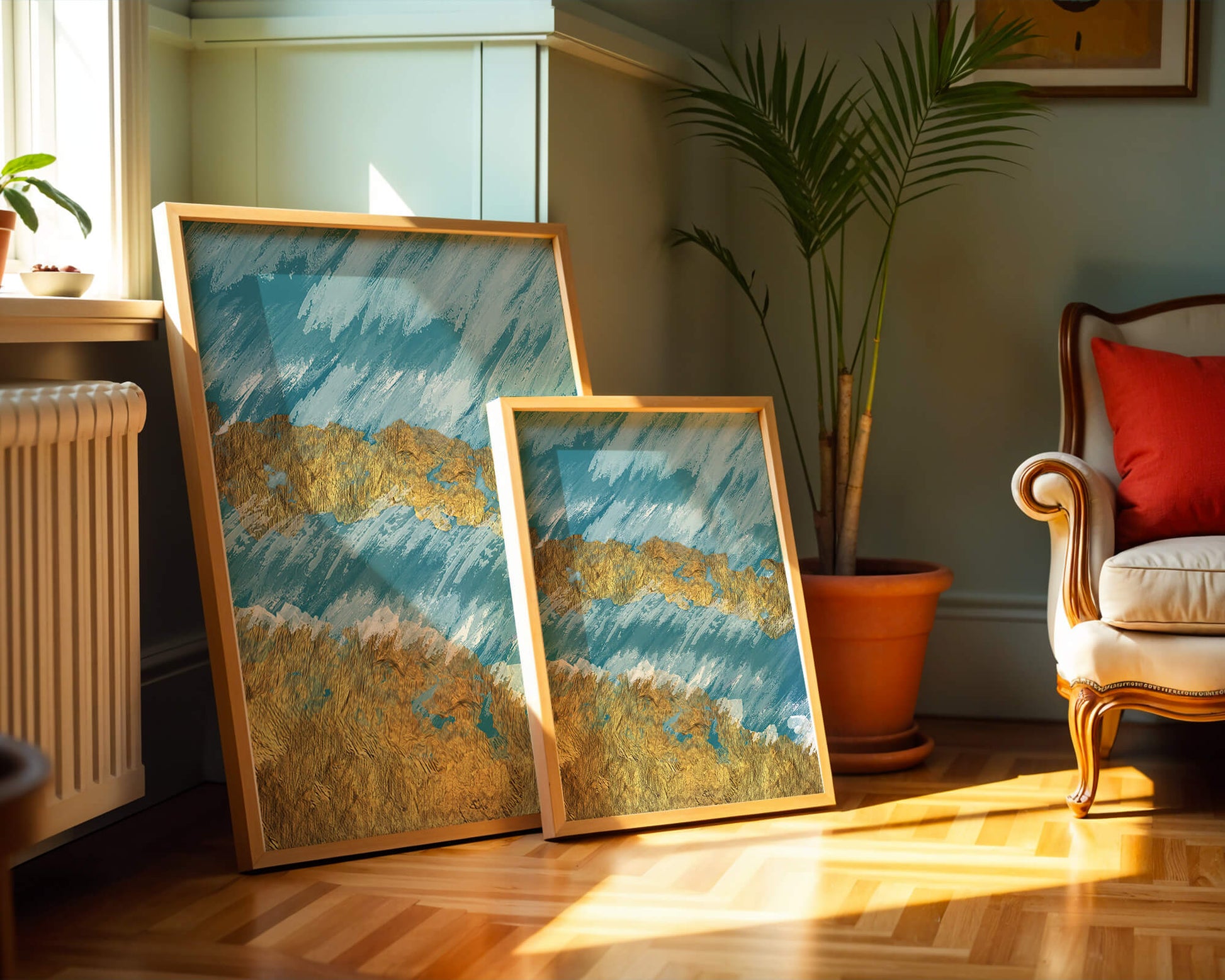Abstract painting with gold texture and blue background