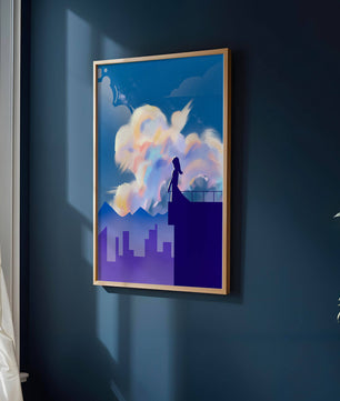 Silhouette of a woman on rooftop against a dreamy sky with colorful clouds