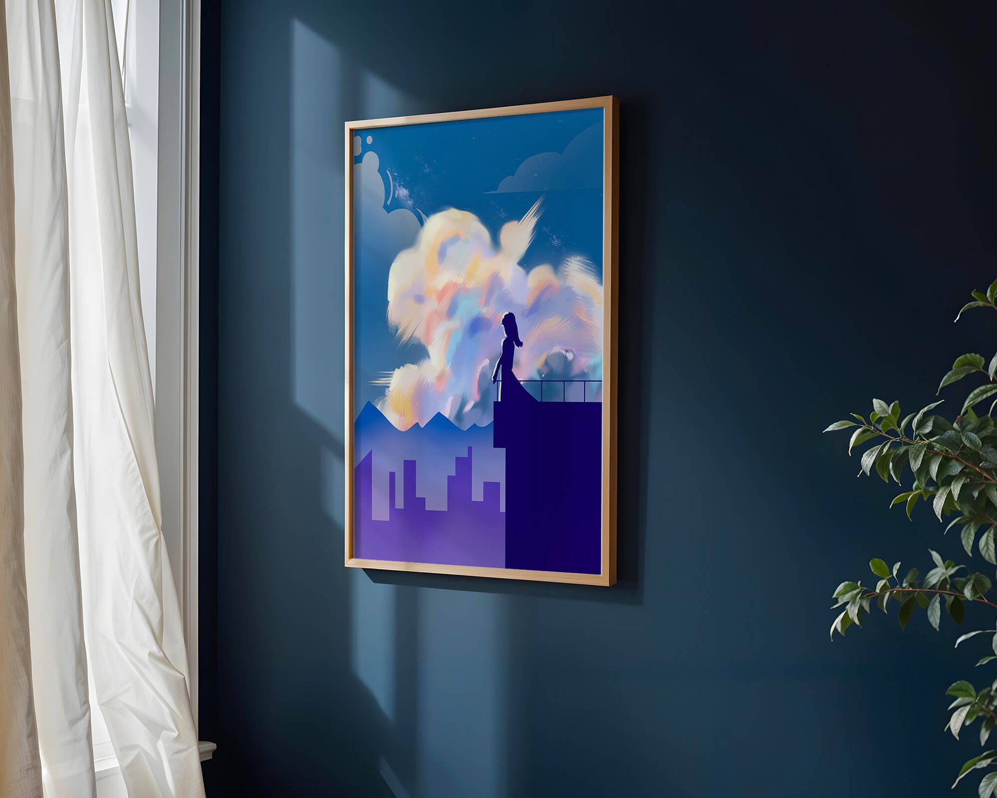 Silhouette of a woman on rooftop against a dreamy sky with colorful clouds