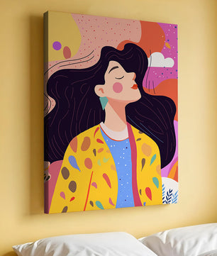 Ilustración colorida de una mujer en estilo artístico con fondo vibrante
