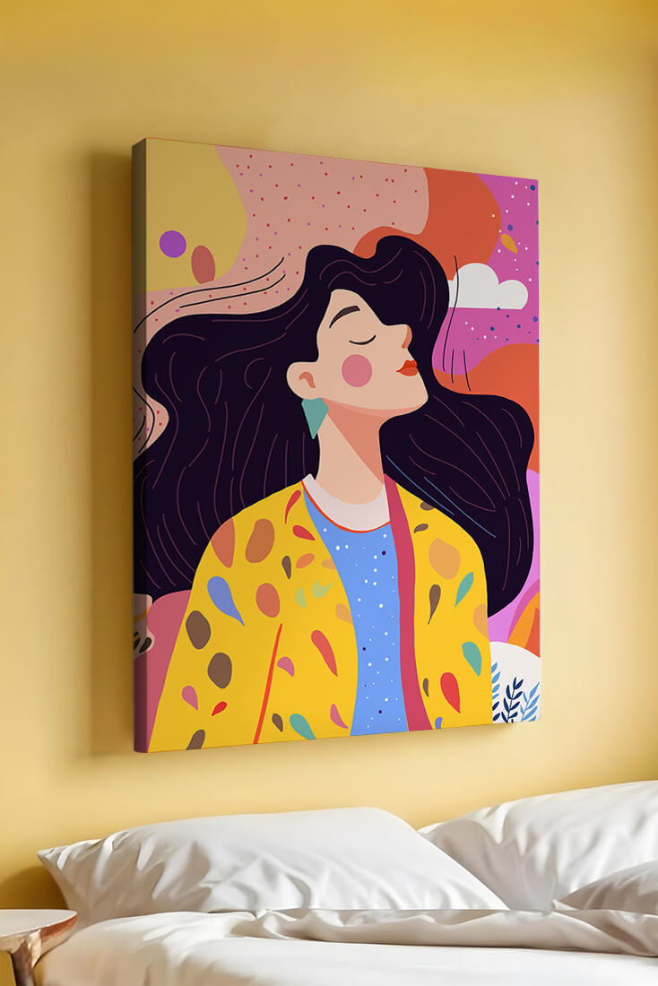 Ilustración colorida de una mujer en estilo artístico con fondo vibrante