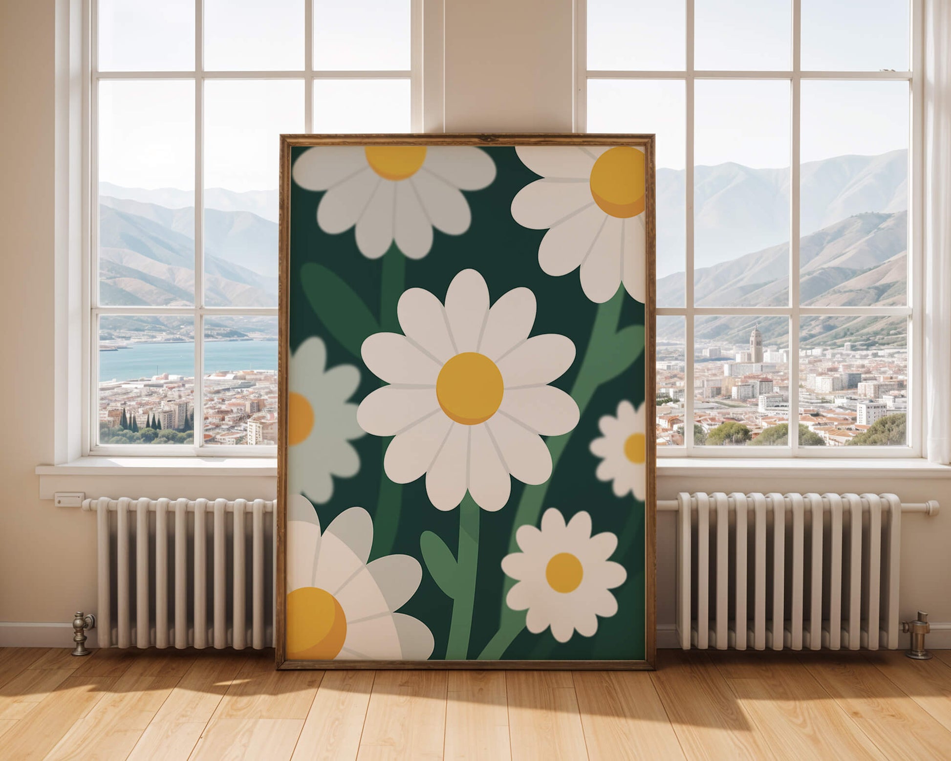 Margaritas sobre fondo verde oscuro con diseño abstracto