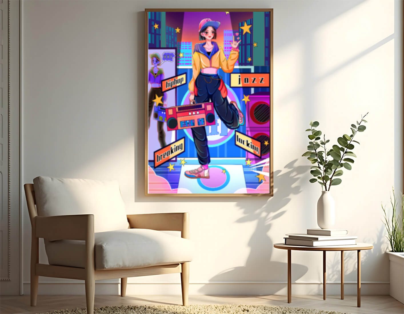 Colorful urban dance scene with hip hop and jazz elements