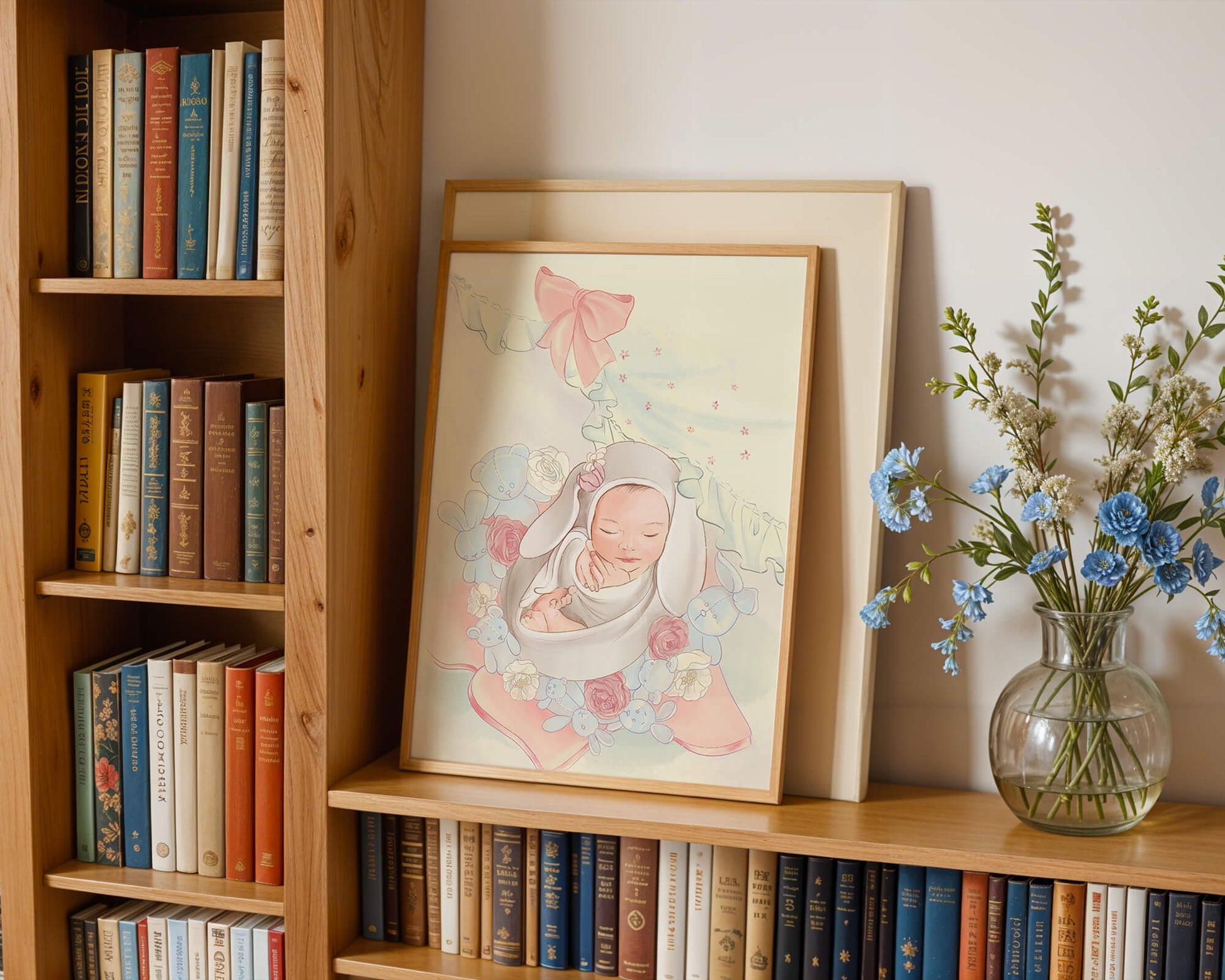 Sweet sleeping baby surrounded by soft pastel decorations