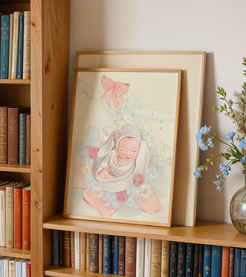 Sweet sleeping baby surrounded by soft pastel decorations