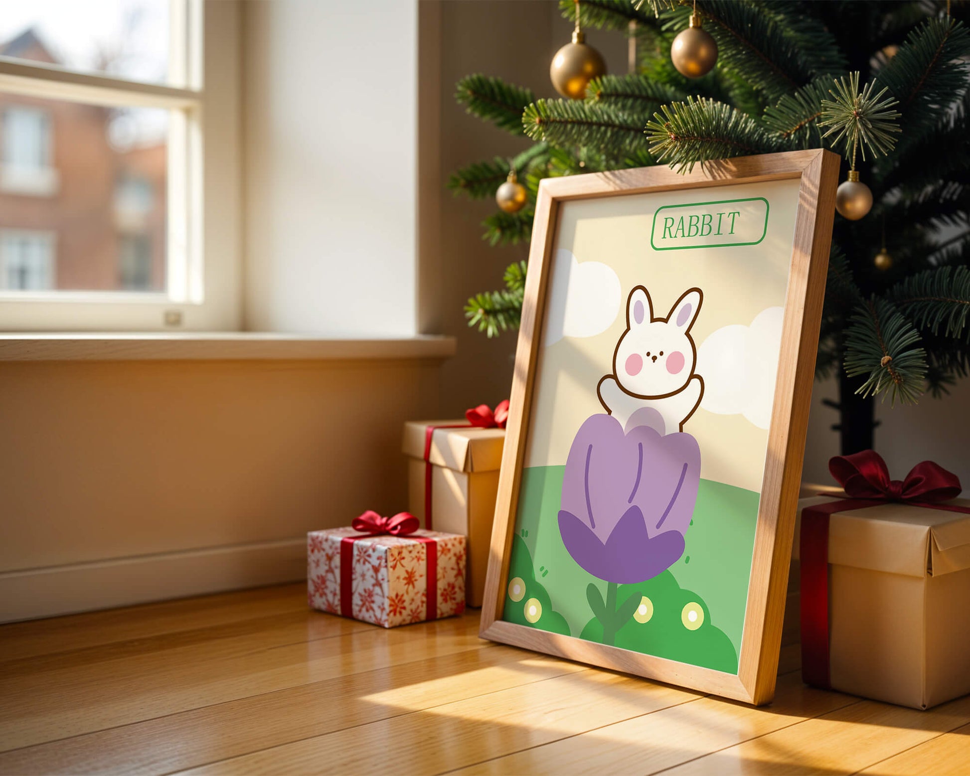 Ilustración caprichosa de un conejo adorable en una flor con colores pastel