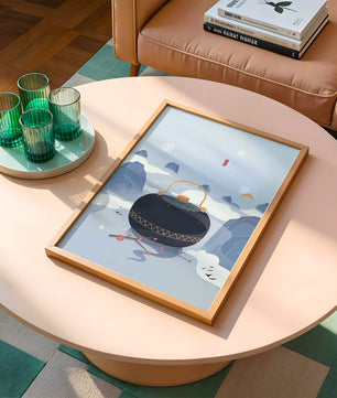 Peaceful winter landscape with kettle and cherry blossoms