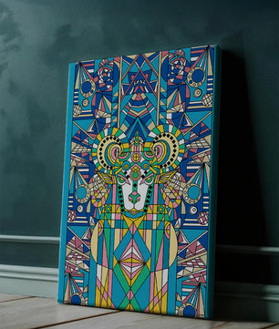 Diseño geométrico colorido de carnero con patrones simétricos