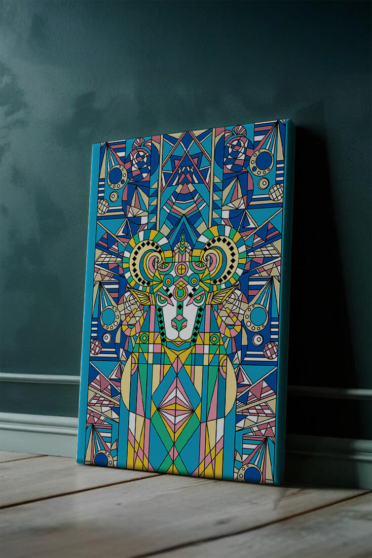 Diseño geométrico colorido de carnero con patrones simétricos