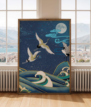Una escena nocturna serena con grullas y olas al estilo del arte tradicional japonés