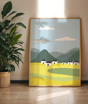 Pastoral Landscape with Mountains and Houses Under Blue Sky
