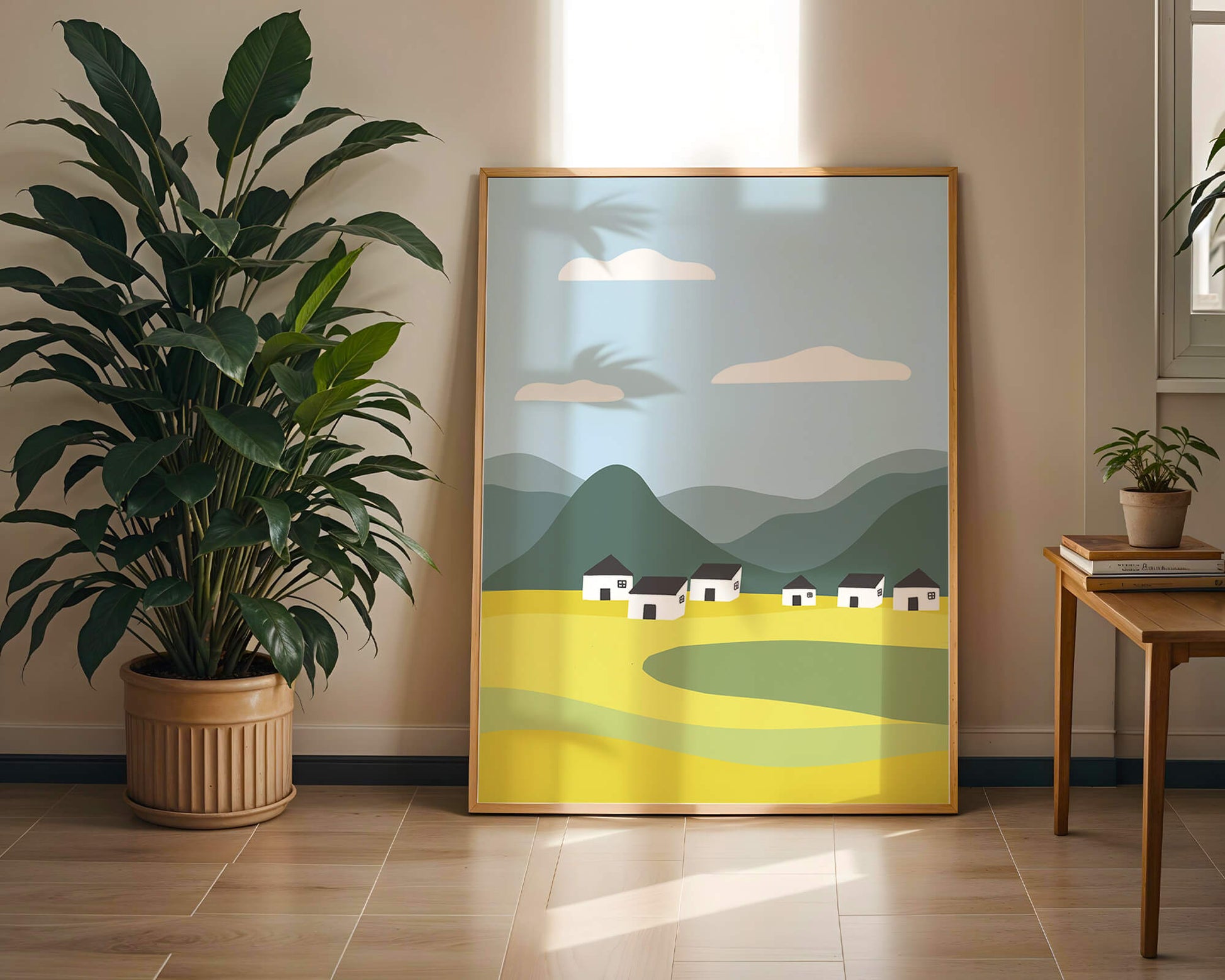 Pastoral Landscape with Mountains and Houses Under Blue Sky