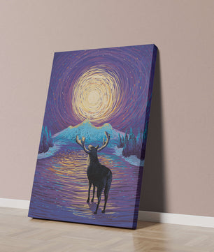 Moose Under Starry Night Sky with Radiant Moon