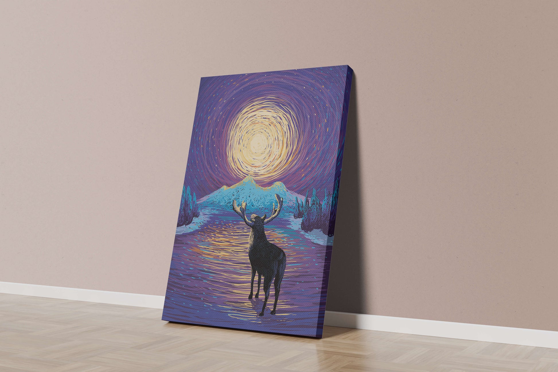 Moose Under Starry Night Sky with Radiant Moon