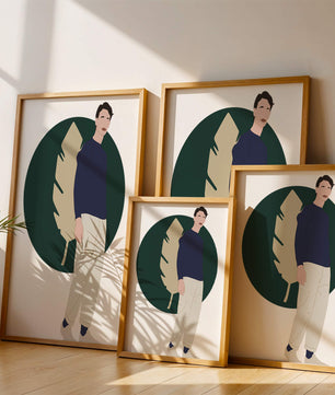 Illustration of a man standing with abstract leaf background