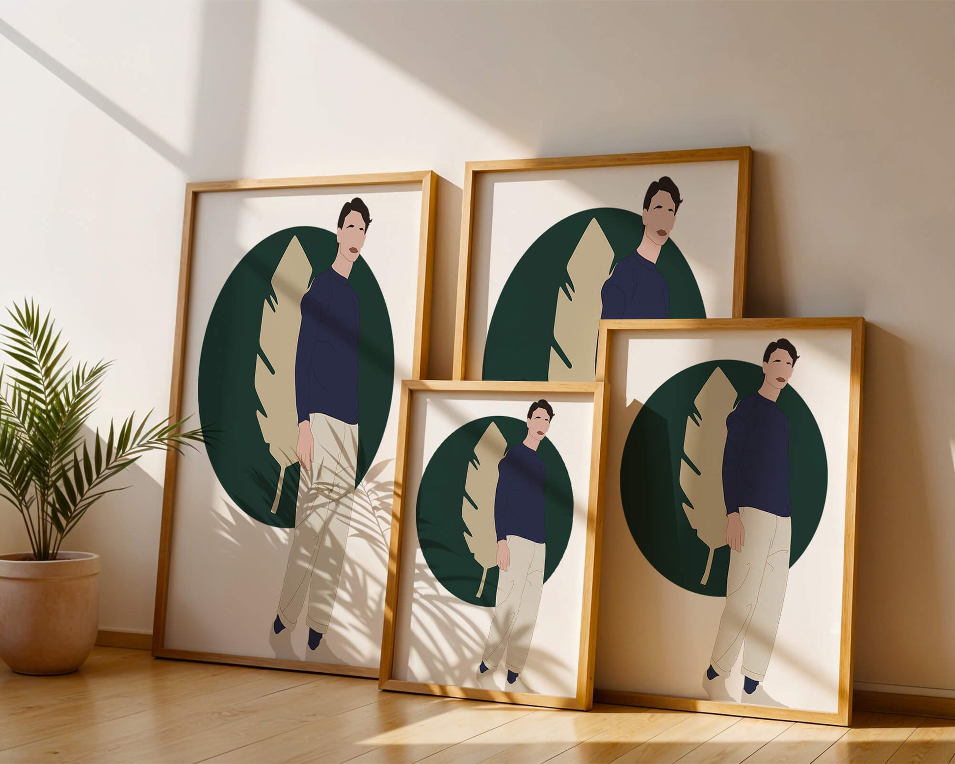 Illustration of a man standing with abstract leaf background