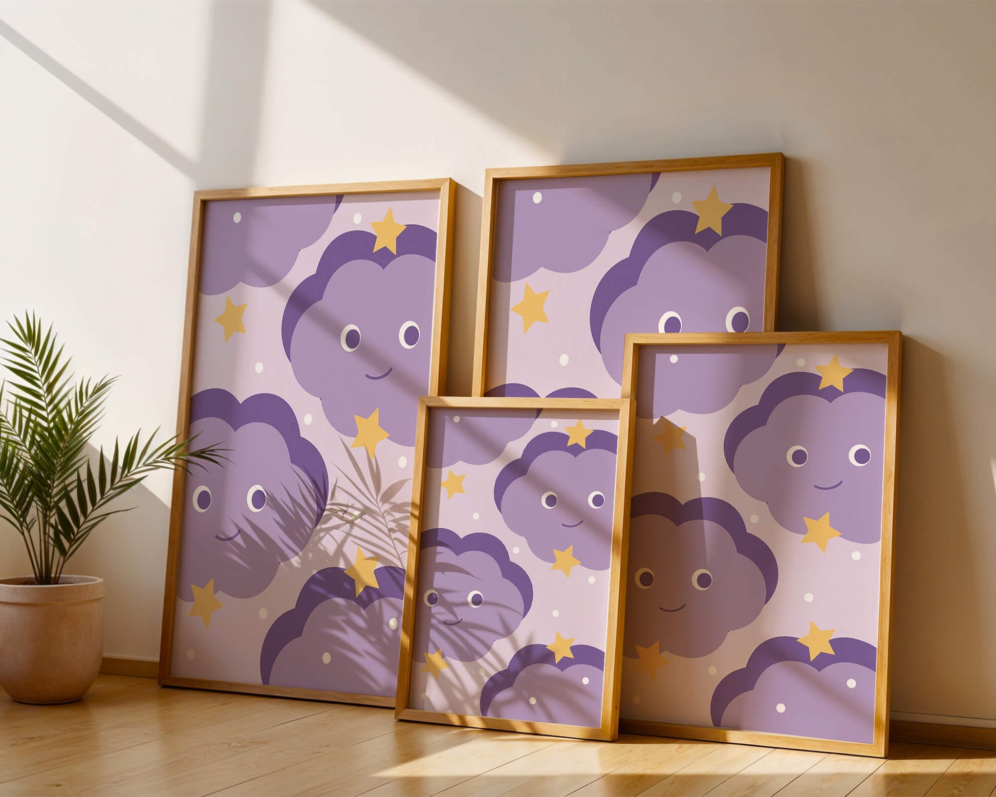 Whimsical purple cloud and star pattern for children's room decor