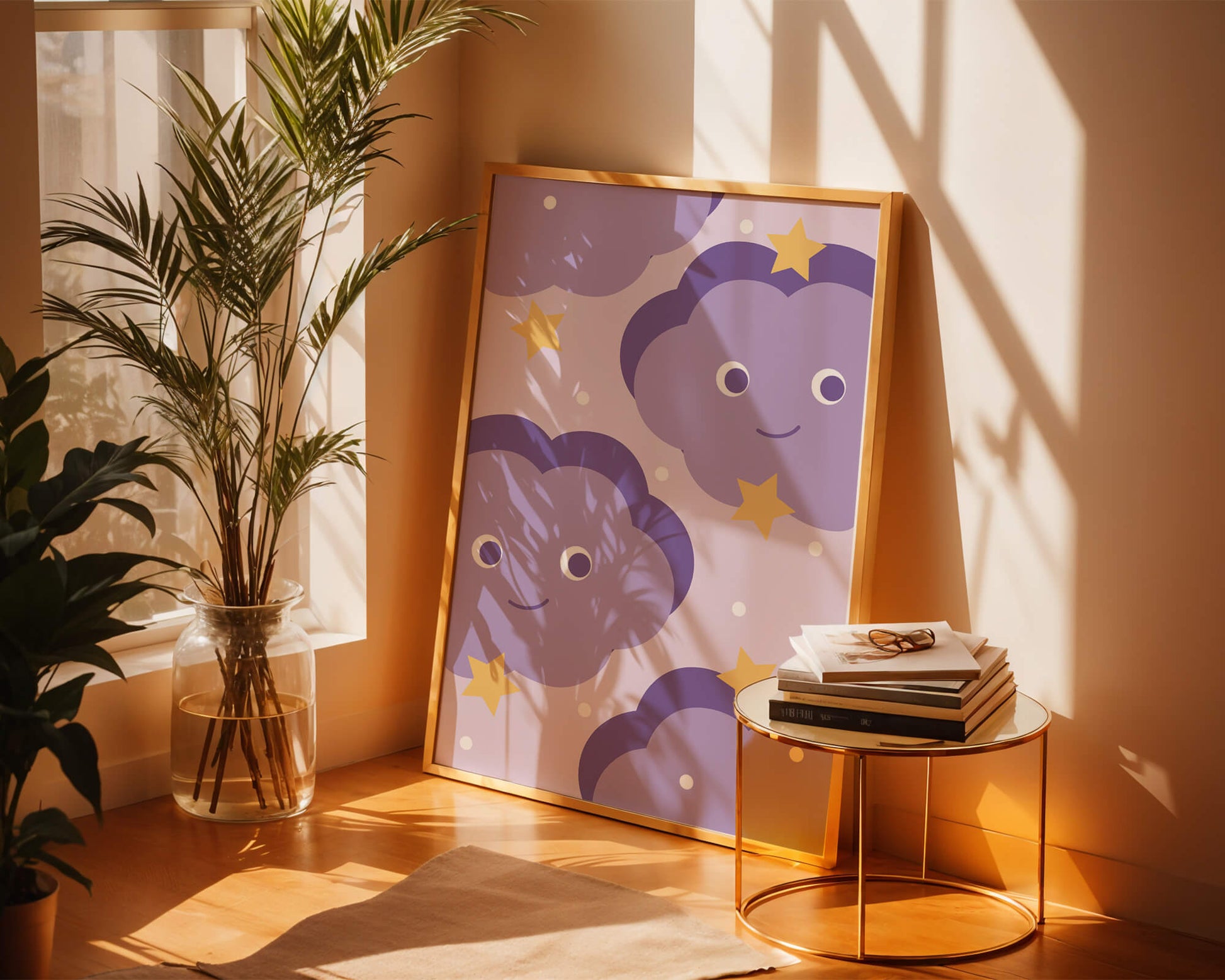 Whimsical purple cloud and star pattern for children's room decor