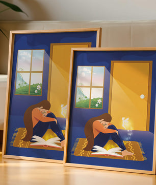 Woman sitting with an open magical book and a fairy in a room