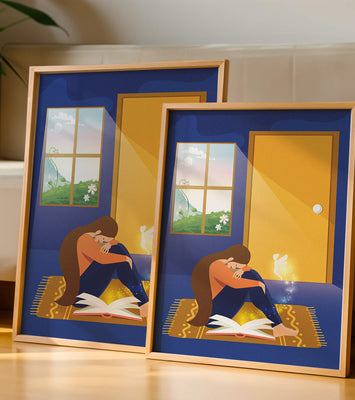 Woman sitting with an open magical book and a fairy in a room