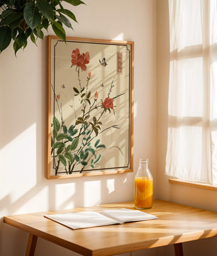 Delicate Floral Art with Red Flowers and Butterflies