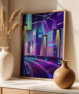 Futuristic Neon Cityscape with Illuminated Skyscrapers and Curved Road