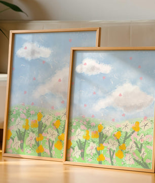 Paysage printanier avec nuages et fleurs