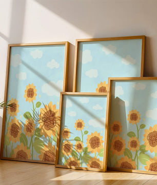 Sunflowers Under Blue Sky with Floating Clouds