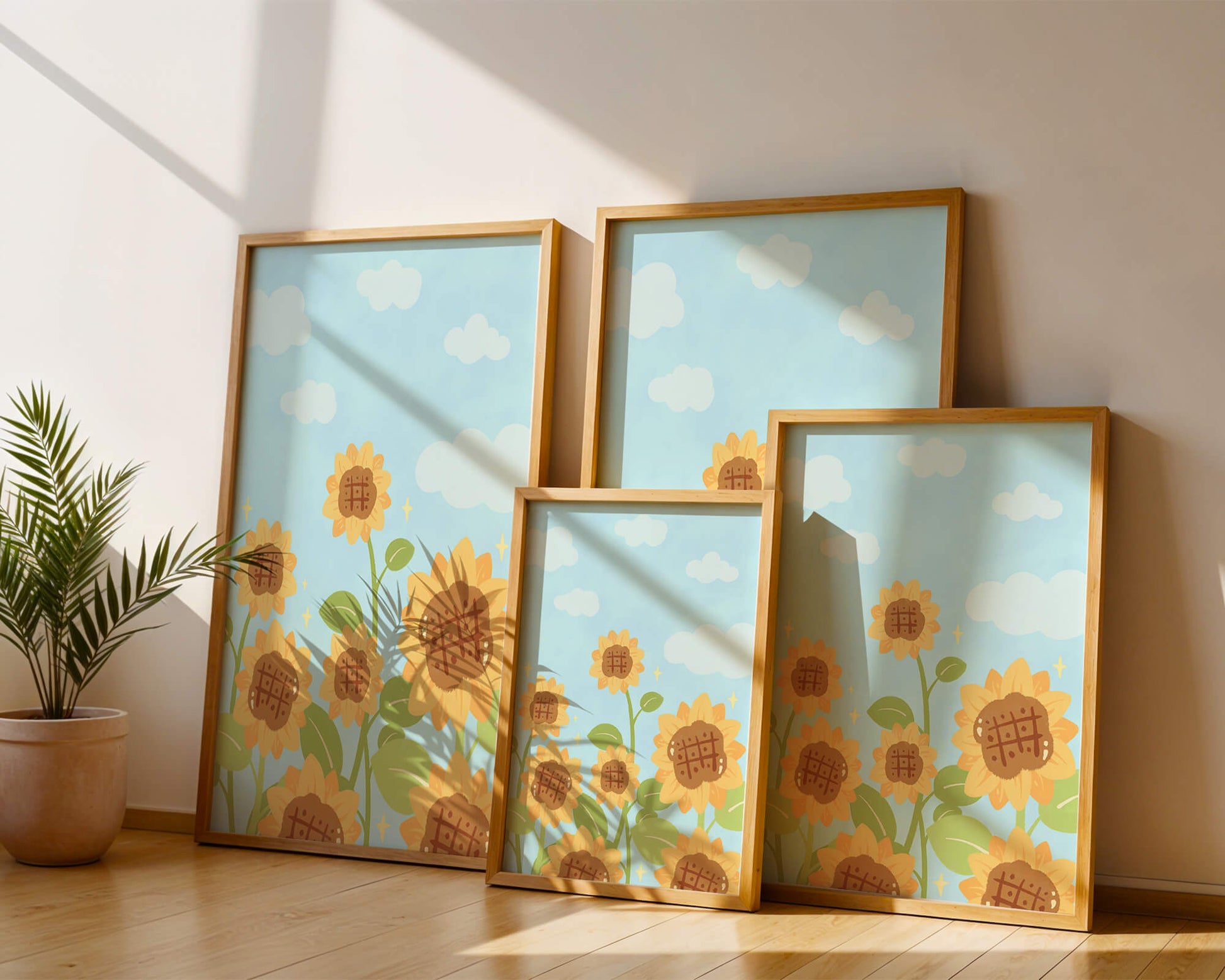 Sunflowers Under Blue Sky with Floating Clouds