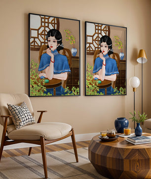 Elegant Woman in Traditional Chinese Setting with Blue Cape and Intricate Decor