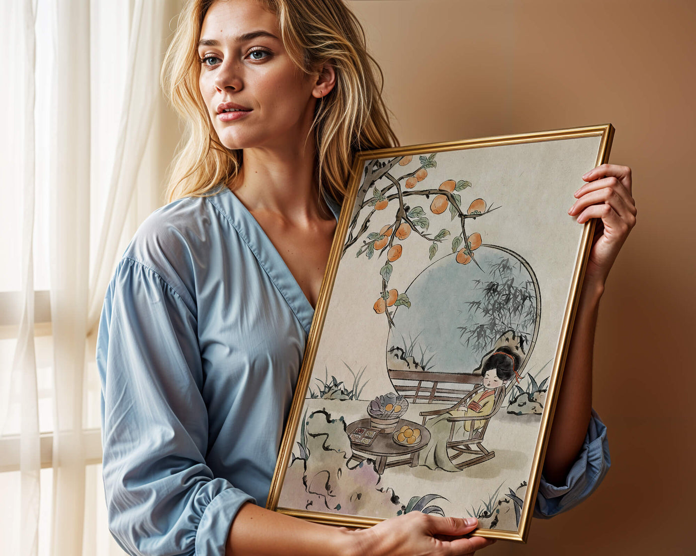 Tranquil garden scene with persimmons and serene figure