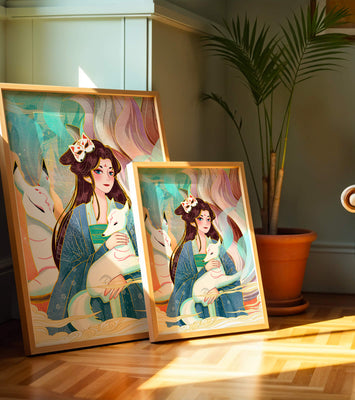 Woman with foxes in a mystical fantasy scene