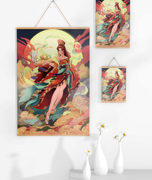 An enchanting depiction of a celestial figure with a mystical rabbit and vibrant attire