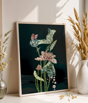 Floral Lotus Design with Gold Accents and Dew Drops