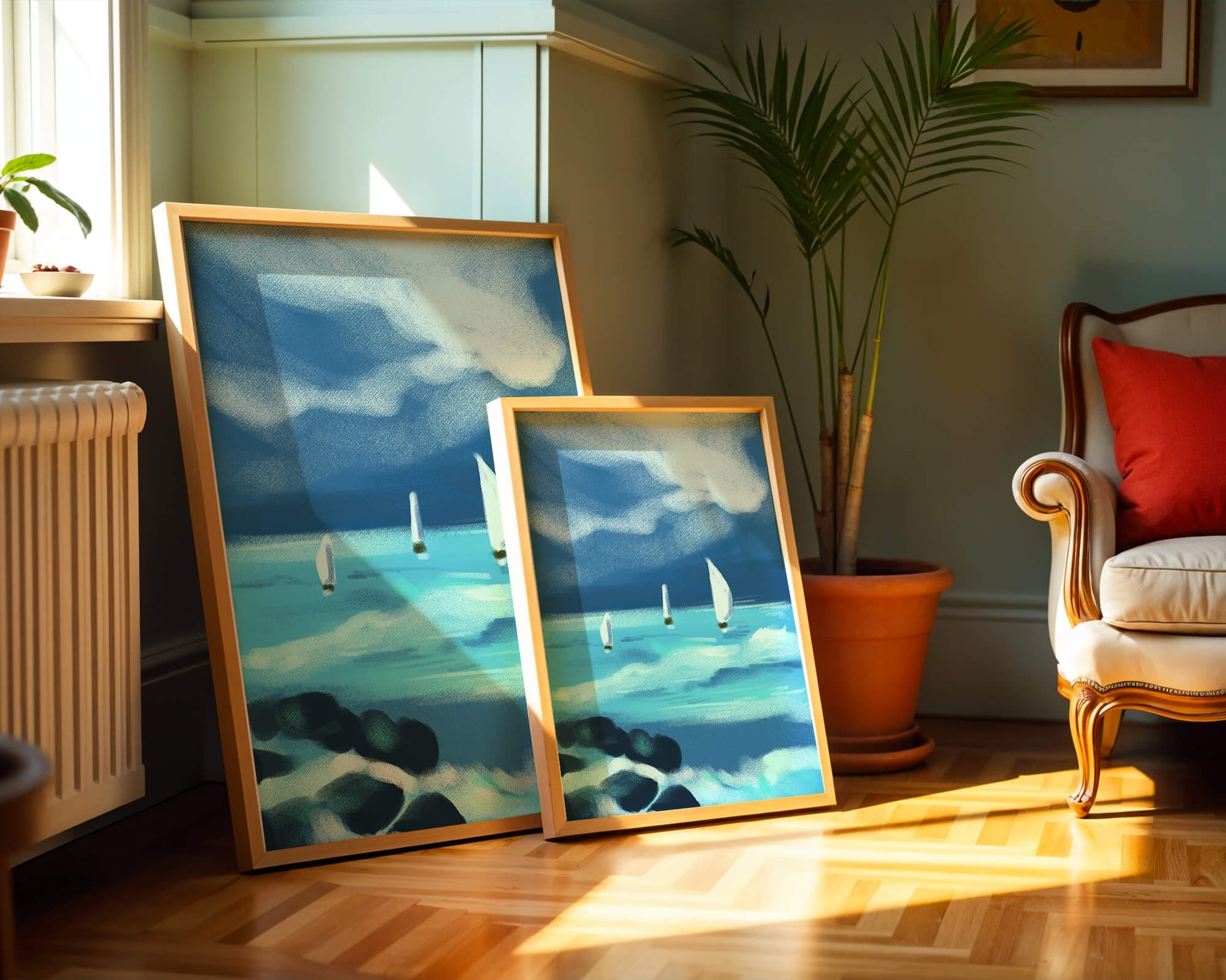 Seascape with sailboats navigating blue waves under a dramatic sky