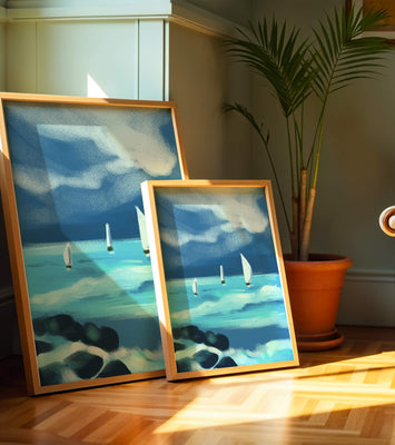 Seascape with sailboats navigating blue waves under a dramatic sky