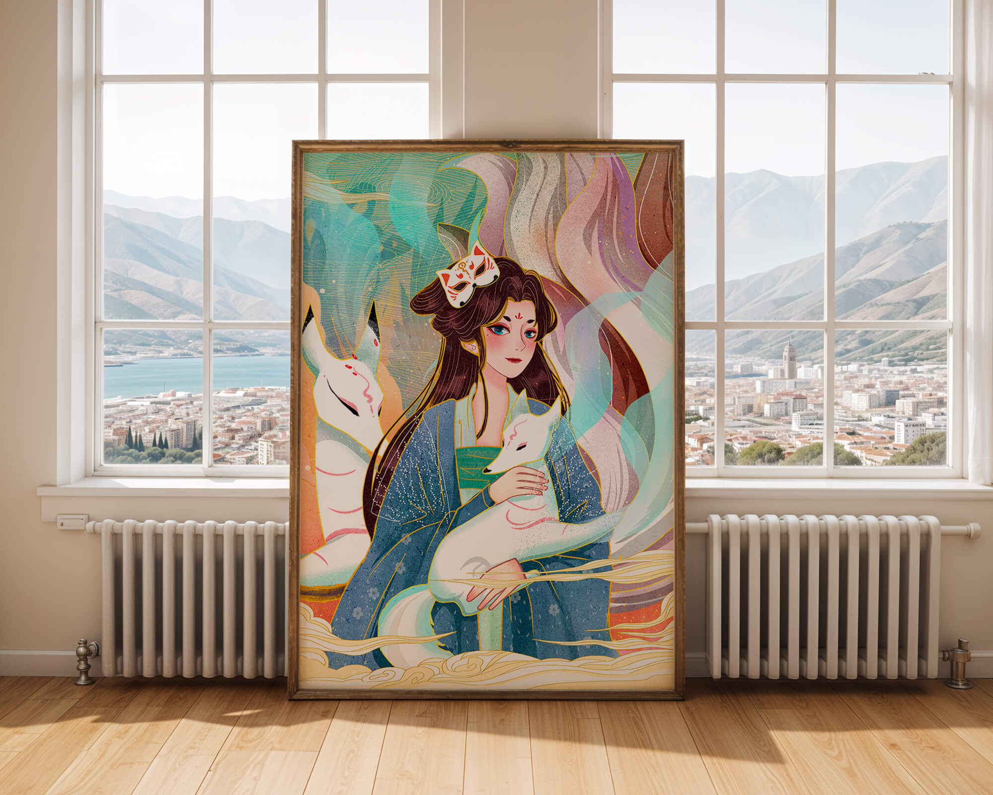 Elegant fantasy artwork featuring a mystical figure with foxes and vibrant colors
