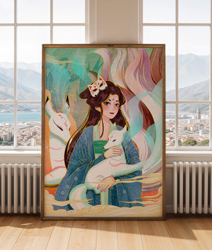 Œuvre de fantasy élégante mettant en scène une figure mystique accompagnée de renards et de couleurs vibrantes