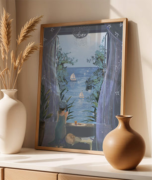 Serene seaside view from an open window with a sailboat and relaxing atmosphere