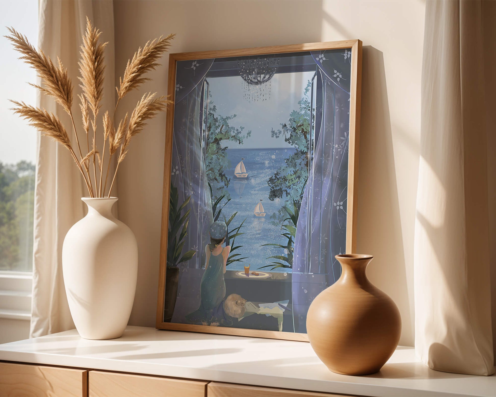 Serene seaside view from an open window with a sailboat and relaxing atmosphere