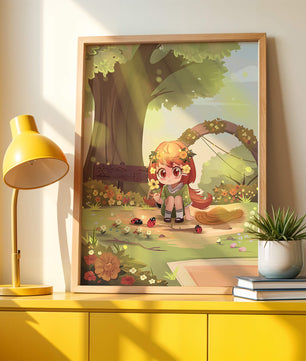 Charming anime-style scene with young girl, flowers, and nature background