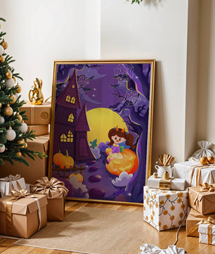 Charming Halloween scene with a girl on a pumpkin near a haunted house